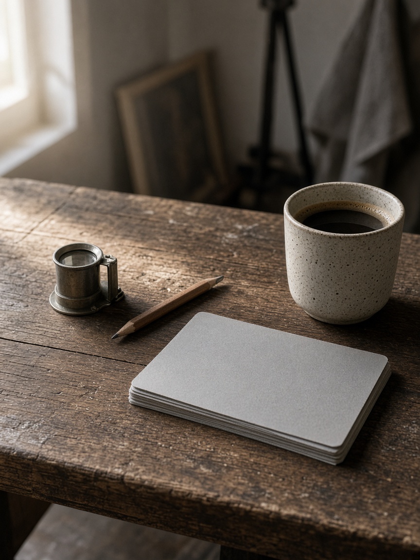 A wooden studio bench in morning light, prints, a loupe, and a cup of coffee.