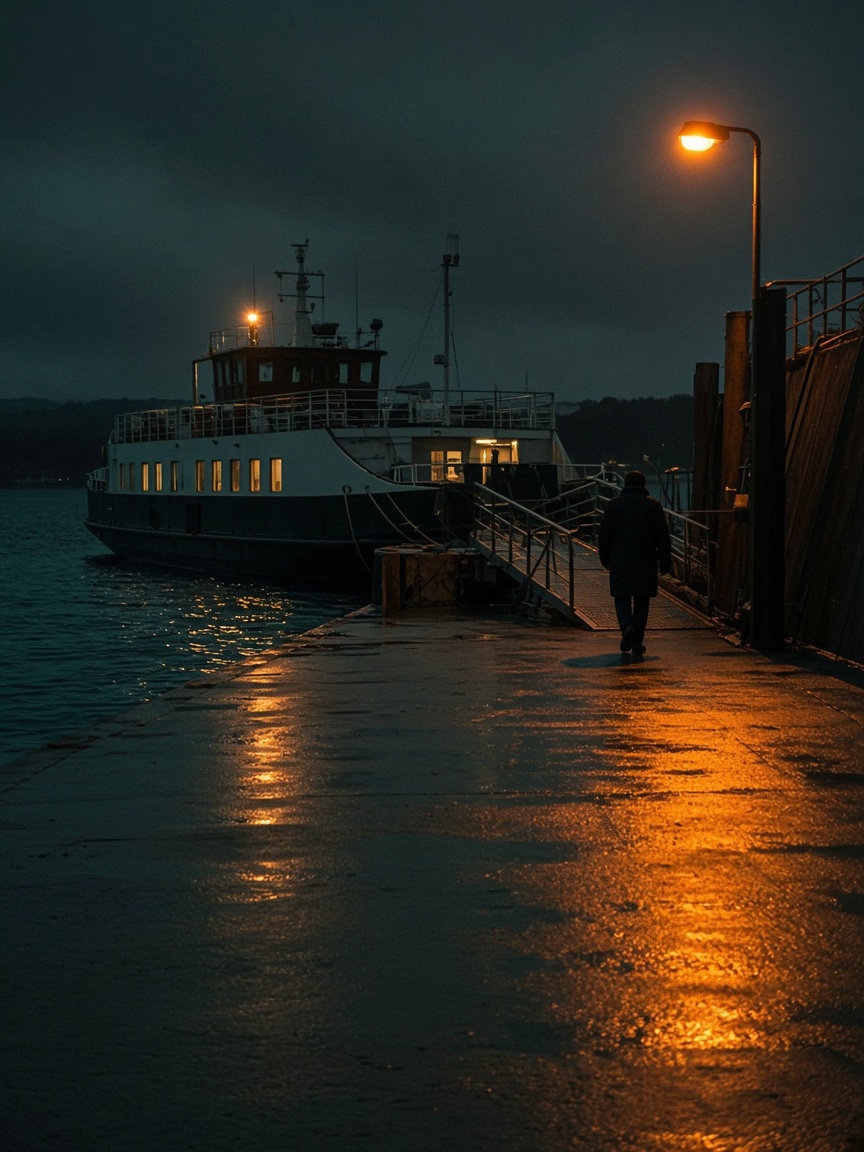 A worker walking a wet ferry dock at night under an orange lamp.