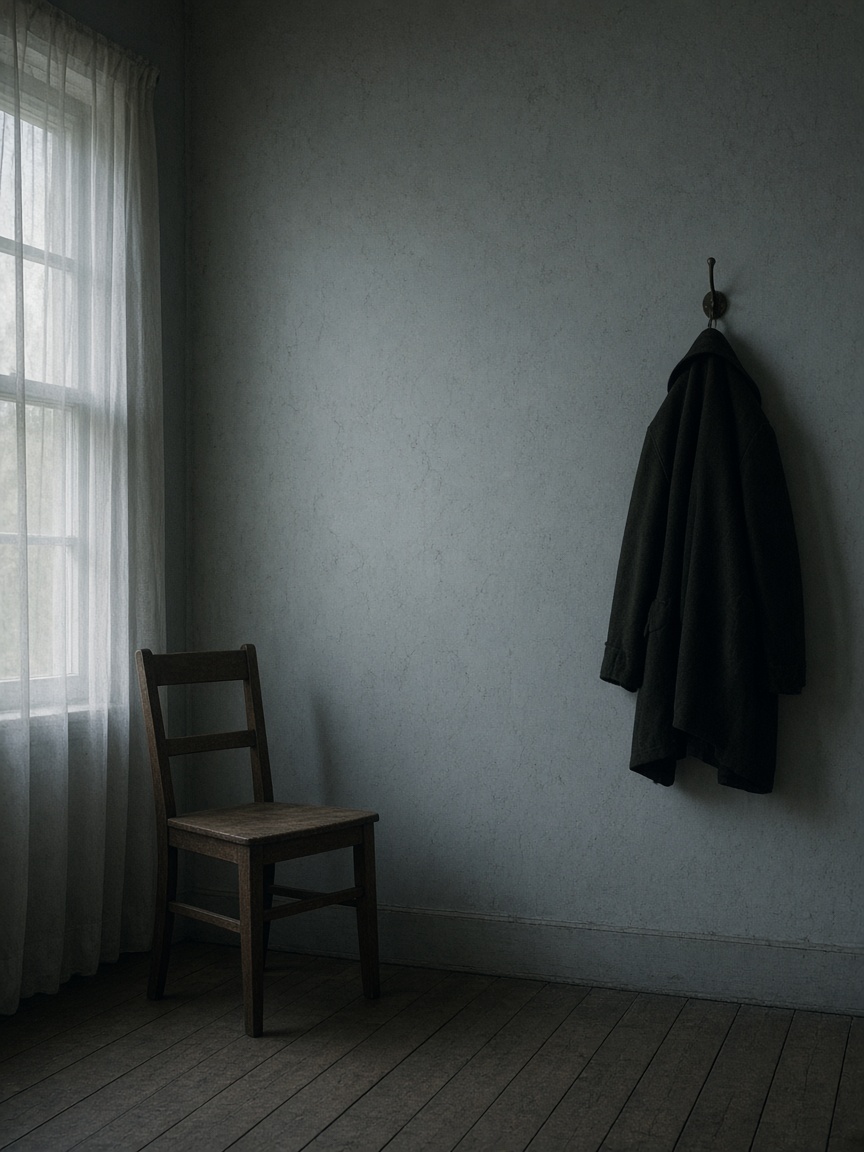 A pale north-facing room in the morning, a chair and a coat by the window.